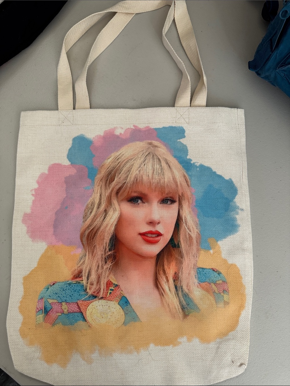 Taylor Swift Cream Canvas Tote with Blue Pink and Gold Portrait Accents